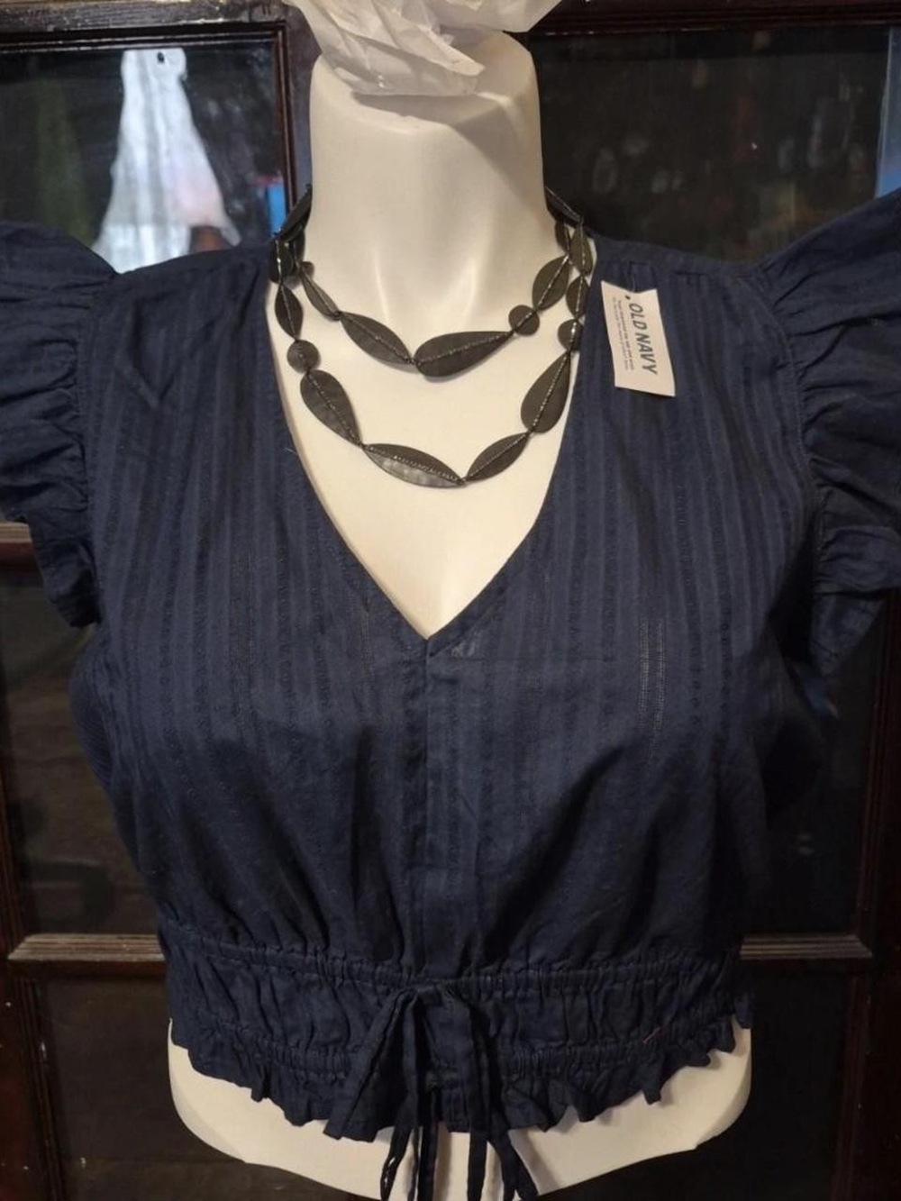 Old Navy Navy V-Neck Drawstring Puff Sleeve Crop Top